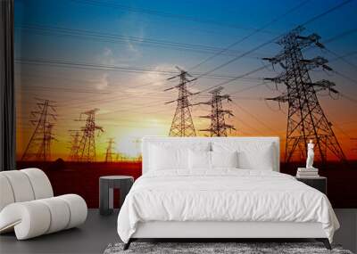 Wire electrical energy at sunset Wall mural