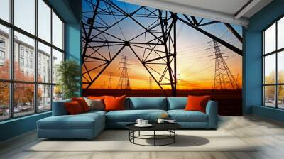 Wire electrical energy at sunset Wall mural