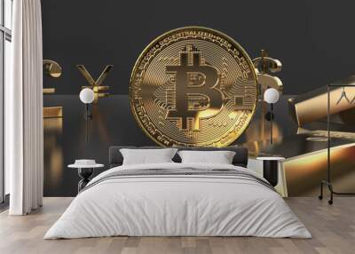 Gold Bitcoins with other assets on black background. Concept of a cryptocurrency market. 3D illustration	 Wall mural