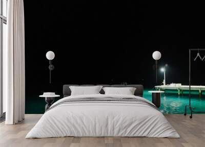 A  local woman fishing at the side of the pier during night time. Wall mural