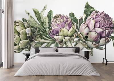 Artichoke Trio in Botanical Detail: A watercolor study of three artichoke blossoms, rendered in exquisite detail, celebrates the beauty of nature's bounty.  Wall mural