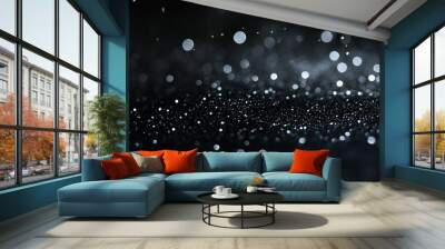 Diamond Dust on Black Velvet: A captivating abstract of shimmering silver particles scattered across a luxurious black background, reminiscent of a starry night sky. light overlay.. Wall mural