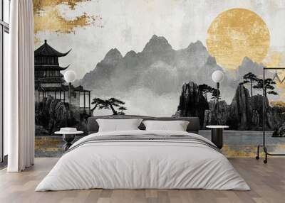 Golden Moon Mountain Landscape: Abstract mountains. Aesthetic Chinese mountain with pavilions background. illustration for prints wall arts and canvas.landscape with mountain an sun or moon Boho style Wall mural