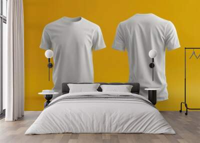 3D realistic image mockup of a plain white exercise shirt front view and back view on yellow background Wall mural