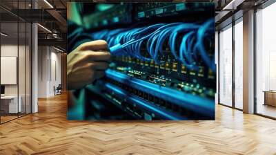 A network engineer hands clipping a blue ethernet cable Wall mural