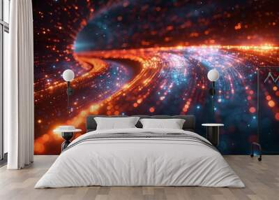 Abstract Futuristic Light Trails in a Dark Space with Glowing Particles and Dynamic Motion Wall mural