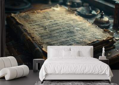 Antique Book with Weathered Pages on Wooden Desk in Vintage Study Room with Historical Artifacts Wall mural