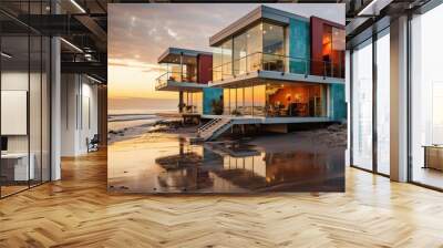 Beautiful modern beach house, minimalistic design, Beach luxury living on Sea view Wall mural