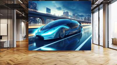 car or vehicle open headlamp parked in futuristic modern concept. Future transportation. Futuristic autonomous car. Driverless autonomous vehicle. Self-driving car technology. AI Generative. Wall mural