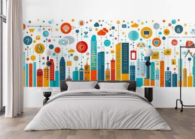 Colorful Business Frame with Modern Icons and Cityscape on White Background for Corporate and Marketing Use Wall mural