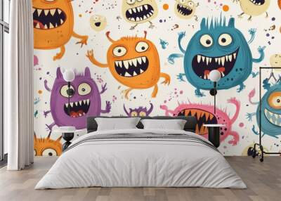 Colorful Monster Doodles Seamless Pattern - Fun and Whimsical Cartoon Creatures for Kids' Designs, Textiles, and Wallpapers Wall mural