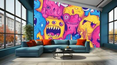 Colorful Seamless Monster Doodles Pattern - Fun and Whimsical Cartoon Creatures for Kids' Designs and Creative Projects Wall mural