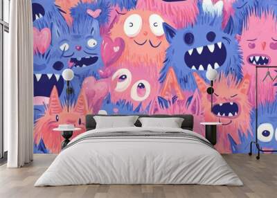 Colorful Seamless Pattern of Playful Monster Doodles for Kids' Designs, Textiles, and Wallpapers Wall mural