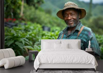 Elderly Farmer Using Digital Tablet in Lush Green Farm Field with Mountains in the Background Wall mural