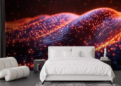 Futuristic Digital Landscape with Glowing Particles and Abstract Waves in a High-Tech Environment Wall mural