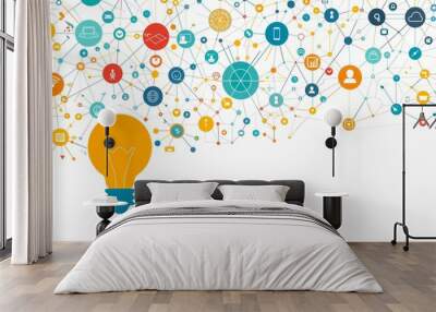 Innovative Business Frame with Network Connections and Light Bulb on White Background for Creative and Modern Concepts Wall mural