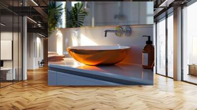 Modern Bathroom Interior with Stylish Orange Sink and Sunlight Reflections Wall mural