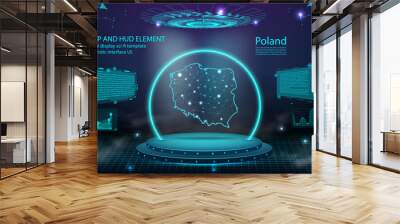 poland map light connecting effect background. abstract digital technology UI, GUI, futuristic HUD Virtual Interface with poland map. Stage futuristic podium in fog. Wall mural