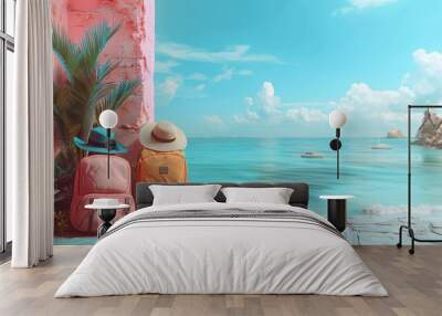 Tropical Beach Vacation with Backpacks and Hats by the Sea, Perfect Summer Travel Destination Wall mural