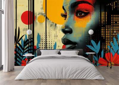 Vibrant Abstract Collage Art with Woman's Face and Colorful Floral Elements in Modern Style Wall mural