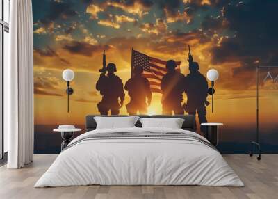 A group of soldiers stands proudly with the USA flag at sunrise. The concept of Veterans Day and Independence Day. Generative AI. Wall mural