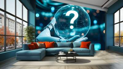 A robot hand holds a glowing question mark. The concept symbolizes curiosity, artificial intelligence, and the quest for answers in the digital age. Generative AI. Wall mural