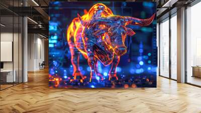 An angry bull is depicted engaging in trading activities with a computer. The concept revolves around the bull market in both traditional stock markets and the cryptocurrency. Generative AI. Wall mural