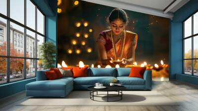 Beautiful Hindu Indian woman lighting up candles at Diwali festival. Generative Ai. Wall mural