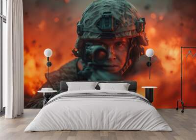 Brave soldiers attack the enemy scene. Fighting smartly in war. Generative AI. Wall mural