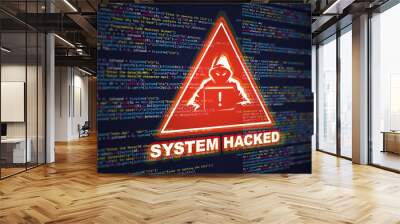 Abstract Modern tech of Programming code screen with Warning alert of System hacked. Virus, Malware, Cyber attack, and Internet cyber security Concept. 3D illustration. Wall mural