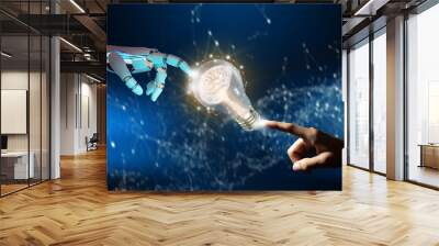 Ai Robot hand and Human hand pointing a brain inside a light bulb. Artificial Intelligence Business. Circuit converging point background. Business bright idea, Great idea for success Concept. Wall mural