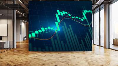 Stock graph and chart with business candlestick. Financial static analysis with growing financial charts. Online trading, Investment, Strategy market plan, and Stock market fluctuations Concept. Wall mural