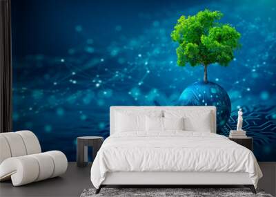 Tree growing on Circuit digital ball. Digital and Technology Convergence. Blue light and Wireframe network background. Green Computing, Green Technology, Green IT, csr, and IT ethics Concept. Wall mural