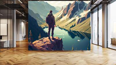 Hiker on the top of the mountain. Generative Ai illustration in vector style. Wall mural