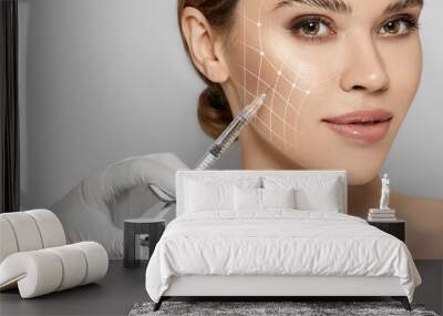 Beauty injections. Lifting lines on a woman's face showing of skin tightening and face contour correction with beauty injections in cosmetology Wall mural