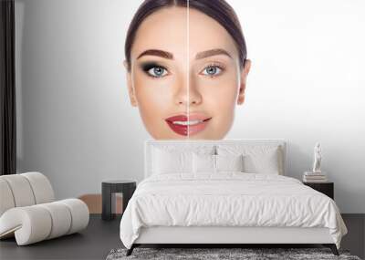 Before and after remove makeup. Woman face with makeup and without on white background Wall mural