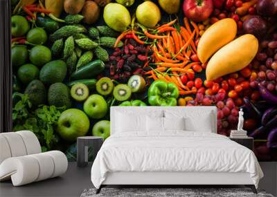 Different fresh fruits and vegetables organic for eating healthy and dieting Wall mural