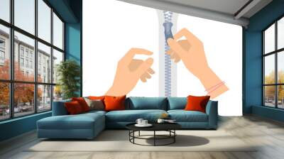 Two women's hands are unzipping a zipper. Template flat illustration of human female hand holding a fastener on the zip. Vector isolated on white background design elements for infographic, web, print Wall mural