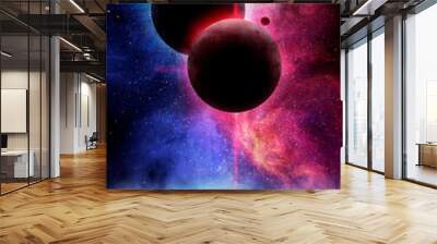 beautiful planet in green-pink colors against the background of space and stars, abstract space 3d illustration, background, 3d rendering Wall mural