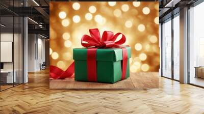 Luxury present gift box with satin ribbon and bow on shiny background with bokeh. Christmas, New year, festive present background Wall mural