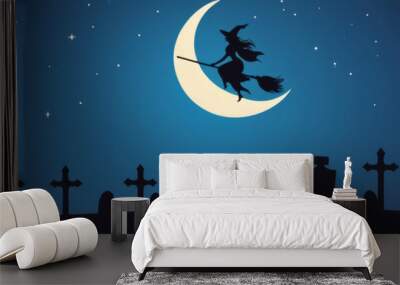 silhouette of witch flying on broom over graveyard with moon and stars, minimalism vector art, cartoon style, dark blue background, halloween vibe, vector illustration, flat design, contour, sticker  Wall mural