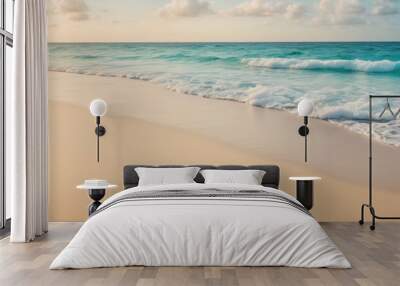 Tropical beach background with sea waves, white sand and foam - summer holiday panoramic top view background. Travel and beach vacation, copy space for text.  Wall mural