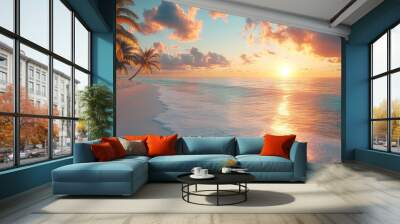 A beautiful beach scene with a sunset in the background Wall mural