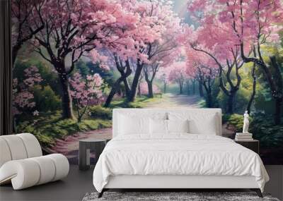 a beautiful walk surrounded by blooming cherry trees Wall mural