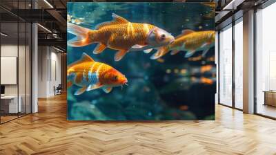 A group of goldfish swimming in a tank. The water is murky and the fish are scattered throughout the tank Wall mural