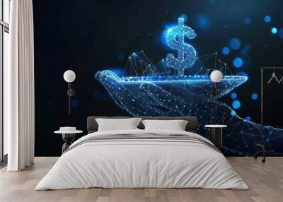 A hand holding a dollar sign in a dark blue background. The dollar sign is surrounded by a web of lines, giving it a futuristic and abstract appearance. Concept of modernity and technology Wall mural