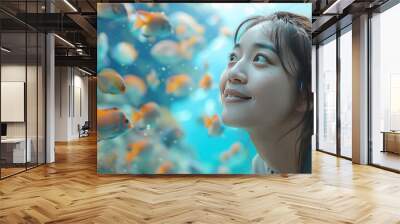 A woman is looking at a fish tank with many fish in it. The fish are swimming around her head Wall mural