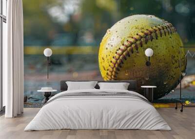 A yellow baseball sits on a wet surface. The ball is dirty and has a worn-out look. The scene suggests a casual, relaxed atmosphere, perhaps after a game or practice session Wall mural