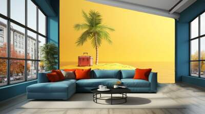 A yellow suitcase is on a beach next to two palm trees. The scene is bright and cheerful, with the suitcase and palm trees creating a sense of adventure and relaxation Wall mural