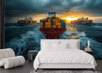 Cargo Ships Sailing at Sunset Wall mural